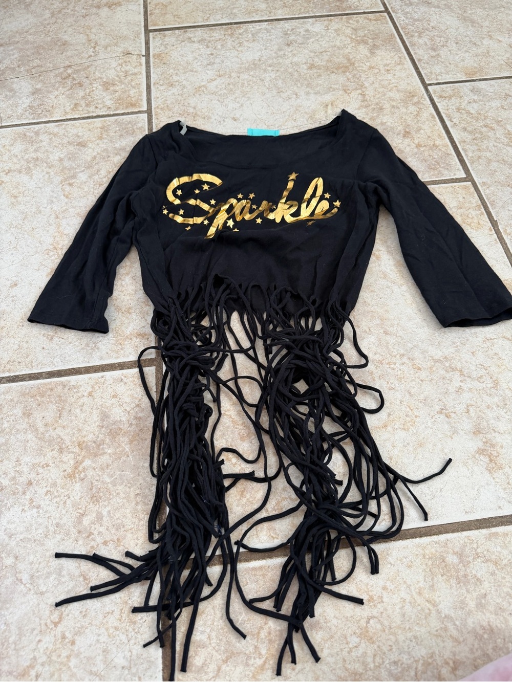love J Black Crop Top with Gold Star Graphic and Fringe